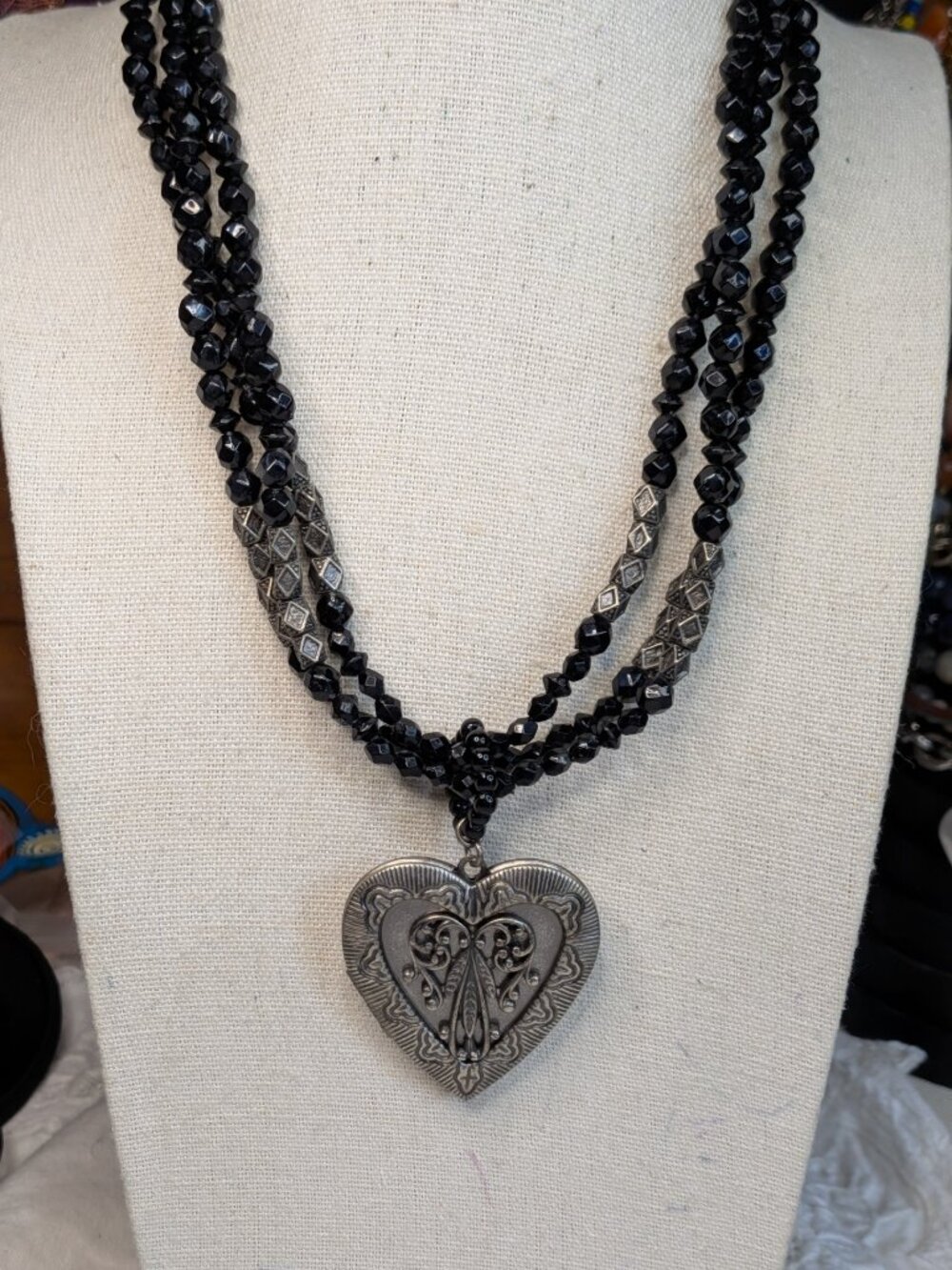 Victorian Revival Black Beaded Heart Locket Necklace – 3 Strands, Adjustable